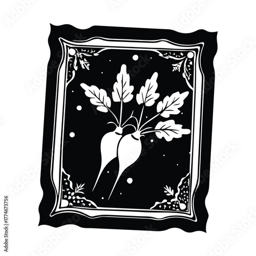 Artwork of Beetroot in an Ornamental Frame: A striking artistic rendering of a pair of beetroots with their vibrant leaves, elegantly framed with ornamental detailing.