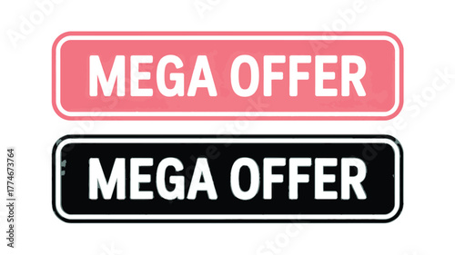 Two Rectangular Signs with " MEGAOFER" Text in White on Pink and Black Backgrounds mega offer