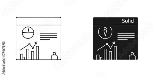 Two icons representing business analytics and data visualization, one in outline and one in solid black