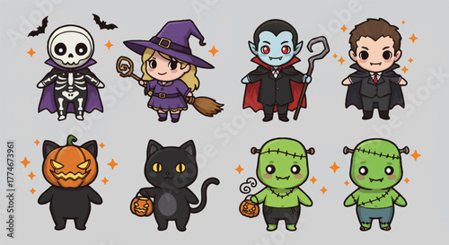 Flat lay of cute cartoon Halloween characters including a skeleton, witch, vampire, and monsters on a gray background with orange accents.