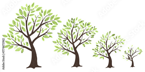 Vibrant green trees in varying sizes depict growth and nature's beauty perfect for eco-friendly designs and seasonal themes