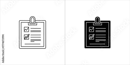 Clipboard with checklist and graph icon, black and white outline and solid fill