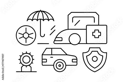 Car insurance and health icons with umbrella, shield, and medical cross symbols automobile