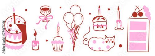 Set of whimsical hand-drawn birthday party food and ribbon illustration in trendy vintage style. Perfect for quirky wedding holiday, dinner and bar menu, bachelorette party, birthday invitation, sign.