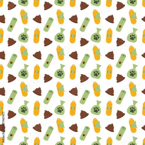 Pet waste seamless pattern with bag dispensers, rolled bags, poop icons for packaging
