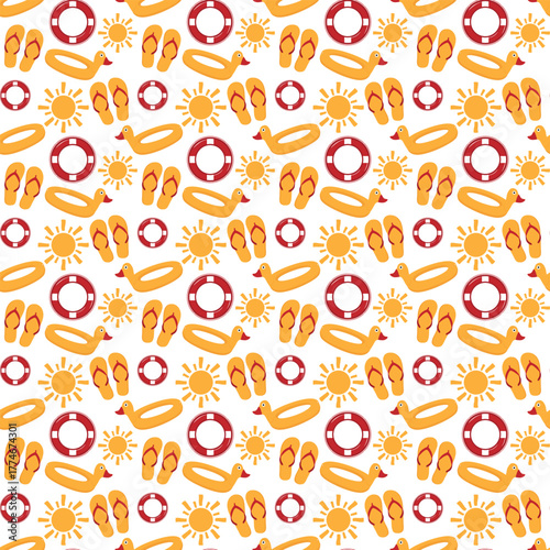 Beach icons. sun, sandals, lifebuoy and duck tube seamless pattern for textiles and wrap