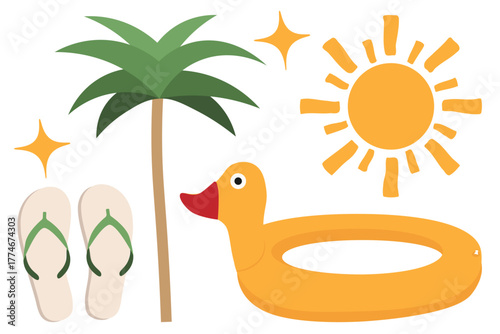 Beach relax set with flip flops sun palm and inflatable ring for summer resort promos and packaging