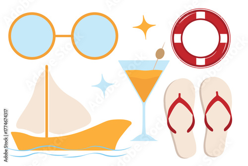 Sea weekend set with sailboat lifebuoy flip flops and cocktail for yacht club posters and beach bars