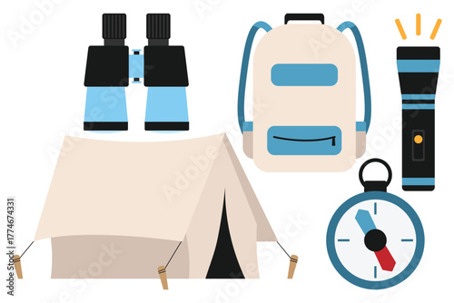 Hiker gear pack with tent bag binoculars compass and torch for trekking posters and badges