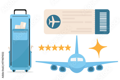 Air travel set with front airplane boarding pass and luggage for ticket banners and onboarding screens