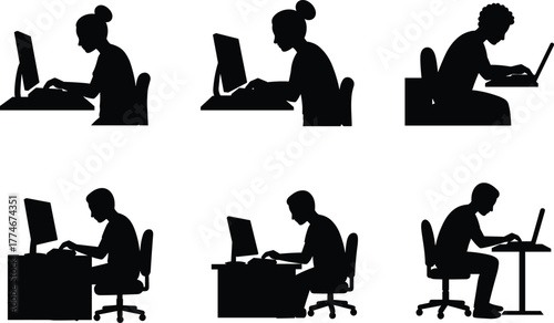 Silhouette office workers sitting at desks using desktop computer and laptop, ergonomic posture variations, workplace setup, business people working, remote work, technology, productivity illustration