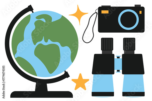 Photo travel set with camera binoculars and globe for photographer tours and blog covers