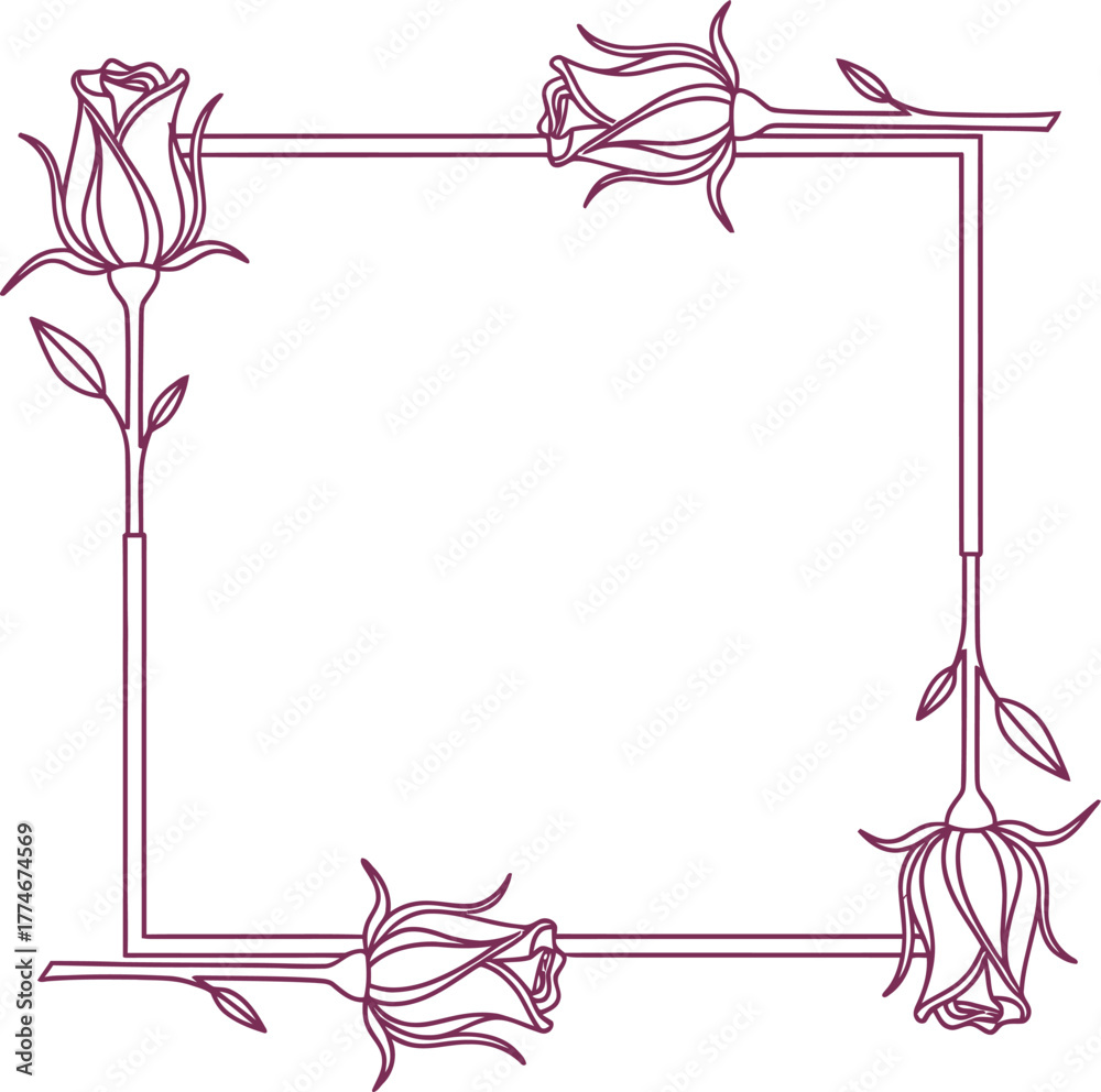 Obraz premium Elegant square frame border decorated with delicate rose flower illustrations in outline style