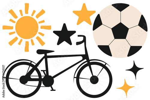 Kids travel fun set with sun star soccer ball and bicycle for stickers and activity journals