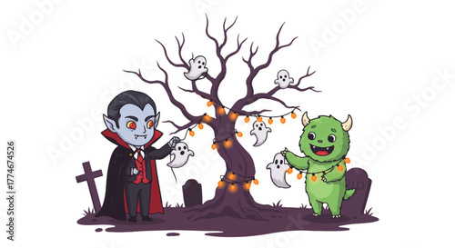 Cartoon illustration of a vampire and a monster standing near a spooky tree with orange lights on a white background.