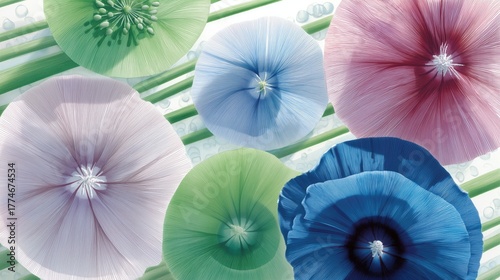 Colorful Artistic Flower Illustration With Textured Petals On Green Striped Background, Ideal For Wallpaper, Poster, Banner With Modern Creative Design And Aesthetic Visuals.