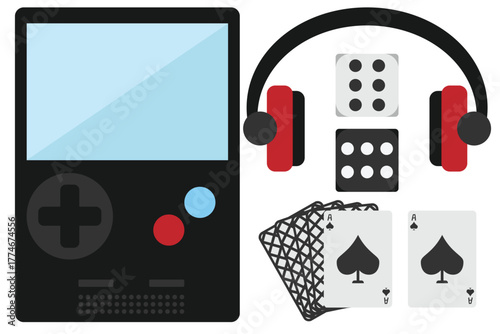 Travel fun icons with game console headphones cards and dice for transport brands and kid posters