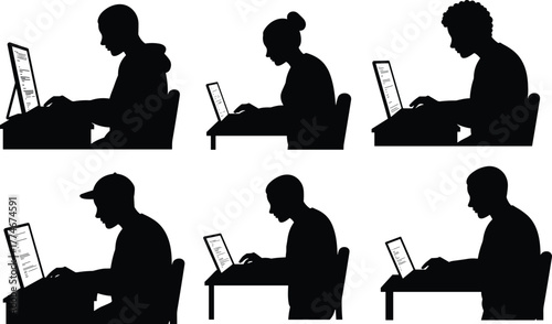 Silhouette, diverse, people, working, laptops, office, teamwork, technology, digital, workspace, collaboration, study, education, modern, business, communication,
