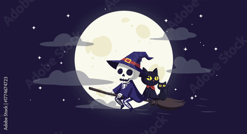 Digital illustration of a skeleton in a witch hat flying on a broomstick with a cat under a full moon in a starry night sky.
