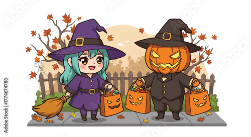 Cartoon illustration of a girl and a pumpkin-headed boy in witch costumes holding trick-or-treat bags on a sidewalk with autumn leaves and a wooden fence in the