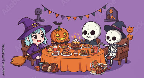 Cartoon illustration of a witch and skeletons having a Halloween party with food and decorations on a purple background.