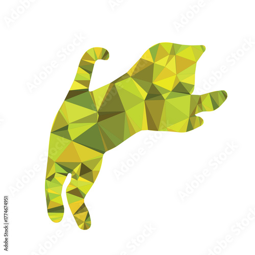 Vibrant geometric cat illustration featuring polygonal facets in green and yellow, a dynamic abstract vector graphic