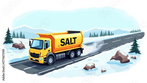 Highway with salt truck spreading salt on icy mountain road