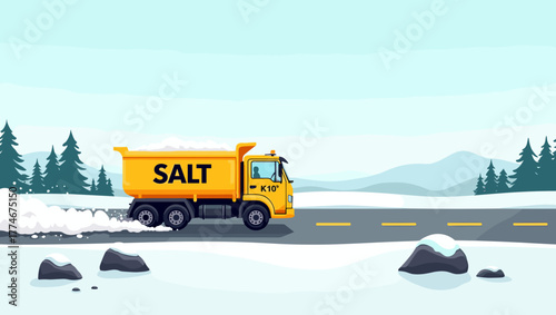 Highway with salt truck working on snowy countryside road