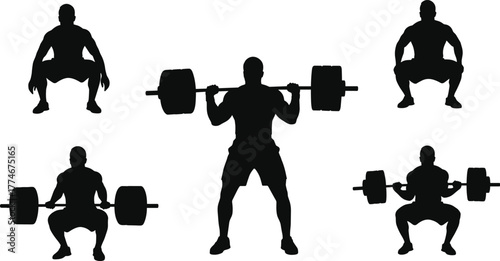 Barbell squat exercise, fitness training silhouette, strength workout illustration, gym posture guide, bodybuilding movement, athletic squat technique, 
