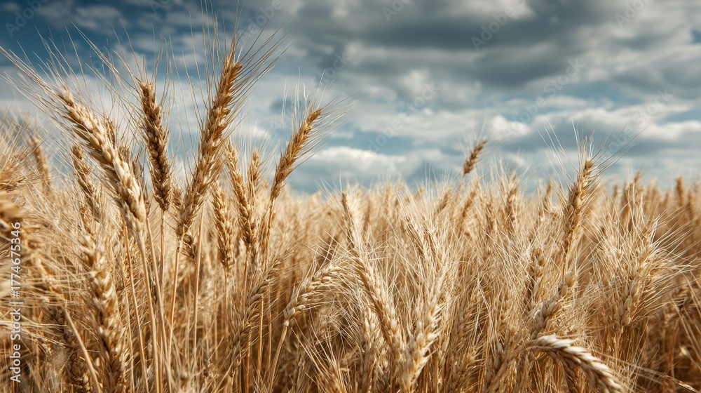 Fototapeta premium Organic wheat farm showcasing healthy crops grown using minimal tillage practices in a sunny landscape with a clear blue sky