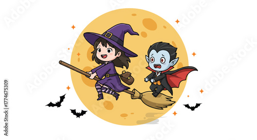 Cartoon illustration of a witch and vampire flying on a broomstick against a full moon with bats, conveying a spooky and playful mood.