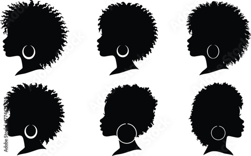 Black woman silhouette, natural hairstyle, afro profile, curly hair art, African beauty, textured curls, cultural identity, hoop earrings, diversity, fashion, elegance, empowerment, 
