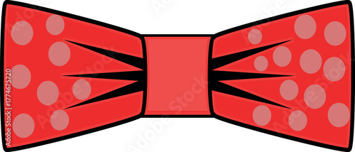Red bow tie showcases fun polka dots and distinct black lined edges on a white background