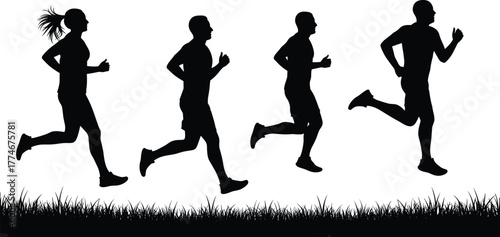 Silhouette runners, outdoor jogging, fitness training, marathon athletes, running motion, healthy lifestyle, sports activity, exercise outdoors, athletic silhouettes, competitive race,