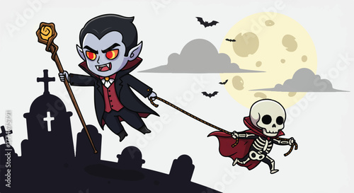 Cartoon vampire and skeleton in a graveyard at night with a full moon