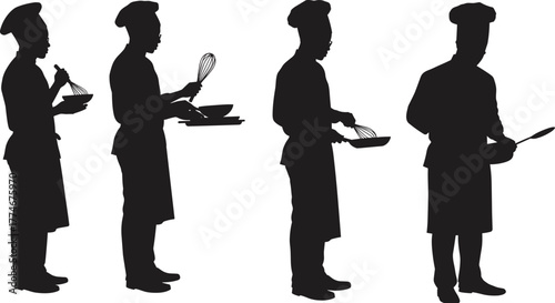 Chef silhouette illustration, cooking team vector, culinary art design, kitchen staff graphic, professional chefs mixing food, restaurant concept, black outline, apron, hat, whisk, bowl, preparation