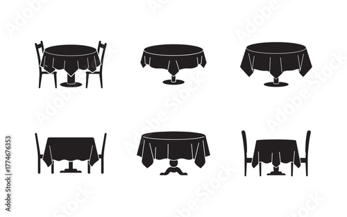 Elegant Restaurant Table Set Silhouettes on White Background Featuring Dining Room Furniture