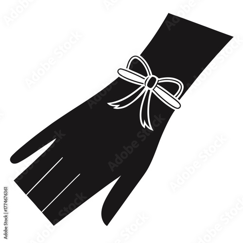 Silhouette of a gloved hand with a bow tied around the wrist