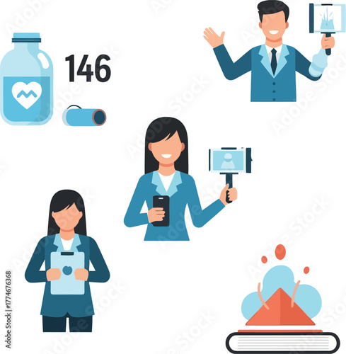 Vector illustration of health concept with people, medicine, and book