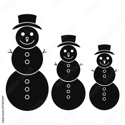Three smiling snowmen in top hats, varying sizes, simple graphic