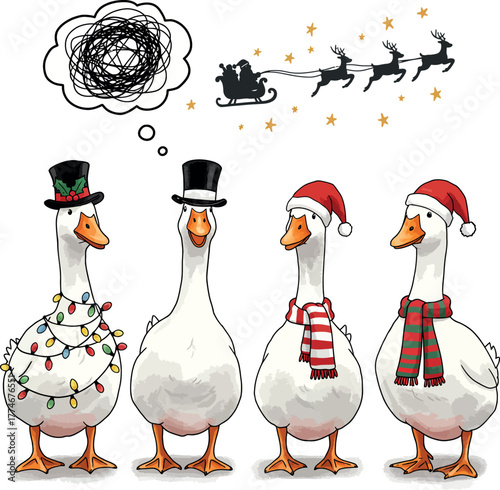Four geese dressed in christmas outfits with santa s sleigh in the sky
