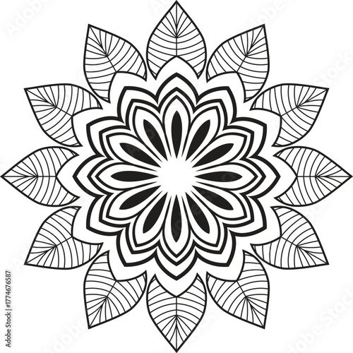 Black and White Floral Outline Mandala Design with Leaf Motifs for Coloring  or mehendi design