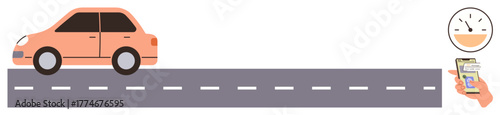 Compact car driving on a lane-marked road, speed gauge representing velocity. Smartphone app implies navigation, tracking, or monitoring. Ideal for speed, travel, navigation, technology safety