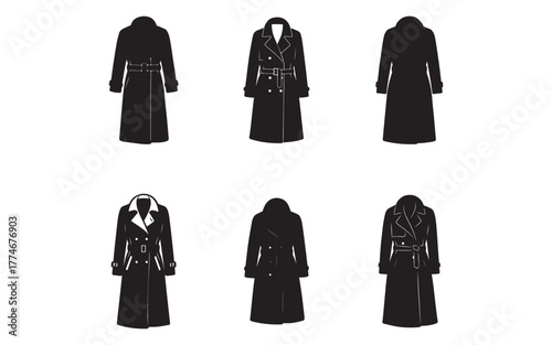 Elegant Trench Coats in Black Silhouette on White Background Minimalist Style Fashion Illustrations for Print or Digital Design Projects