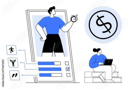 Male figure in fitness app with activity checklist, graph bars woman analyzing with laptop by dollar sign. Ideal for fitness management, goal planning, finance, productivity, data tracking