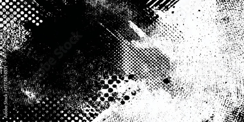 Grunge halftone texture background with distressed dots and ink splatter for vintage or abstract design projects.