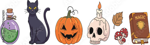 Halloween magic set cartoon icons, potion bottle black cat pumpkin spooky skull candle mushroom spell book vector illustration collection