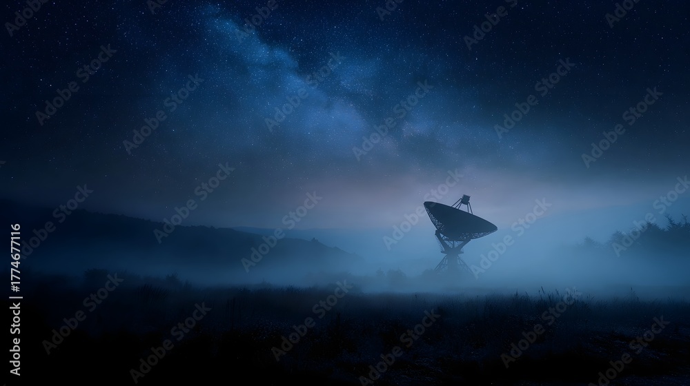 Fototapeta premium A satellite dish stands in a misty rural landscape under a starry night sky
