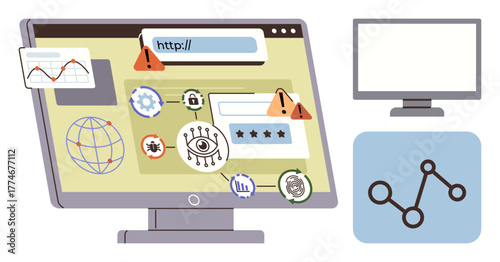 Computer monitor with warning alerts, graphs, and security icons. Ideal for technology, cybersecurity, data protection, internet safety, network threats monitoring cybercrime education. Simple flat