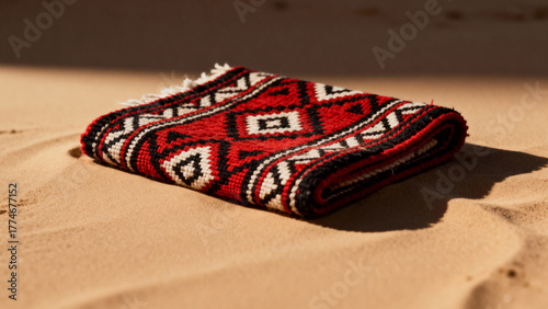 Red Sadu Carpet with Geometric Pattern Folded on Sand - Saudi Traditional Textile
